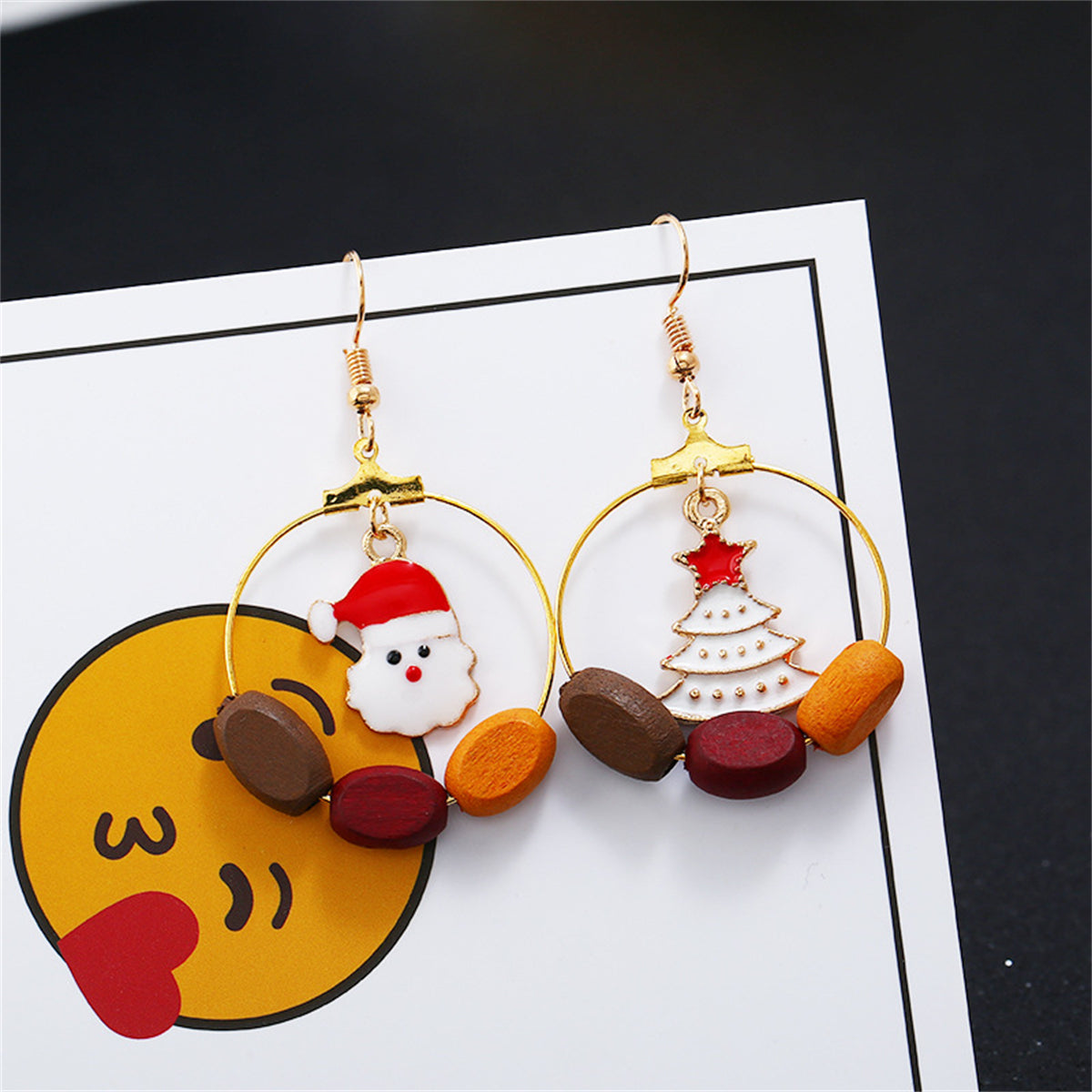 Red and White Santa Tree Circle Wood-Bead Drop Earrings, drop earrings for women, vintage-inspired design, side view