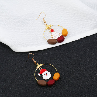 Red and White Santa Tree Circle Wood-Bead Drop Earrings, drop earrings for women, vintage-inspired design, detail close-up