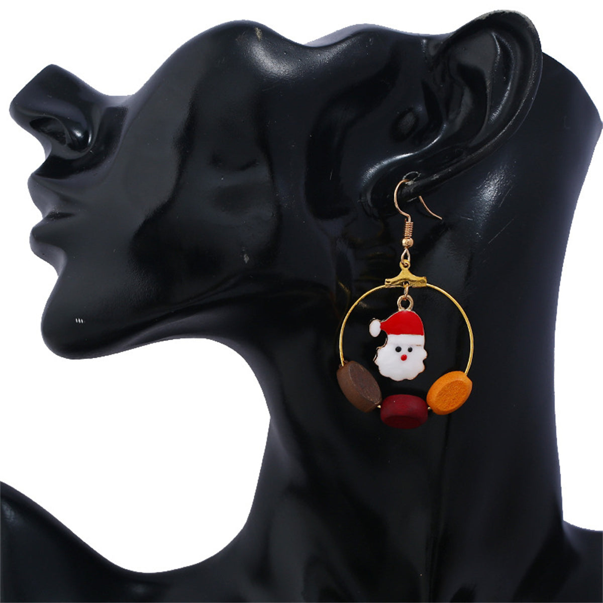 Red and White Santa Tree Circle Wood-Bead Drop Earrings, drop earrings for women, vintage-inspired design, lifestyle look