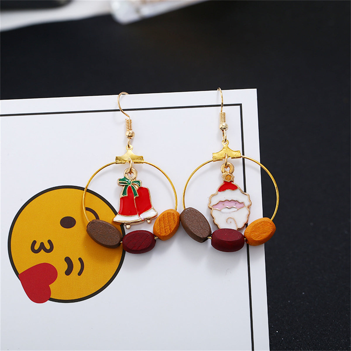 Red and Wood and Santa Bell Circle Drop Earrings, drop earrings for women, vintage-inspired design, front view