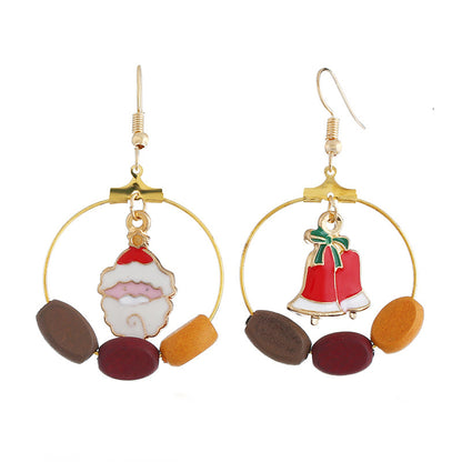 Red and Wood and Santa Bell Circle Drop Earrings, drop earrings for women, vintage-inspired design, lifestyle look