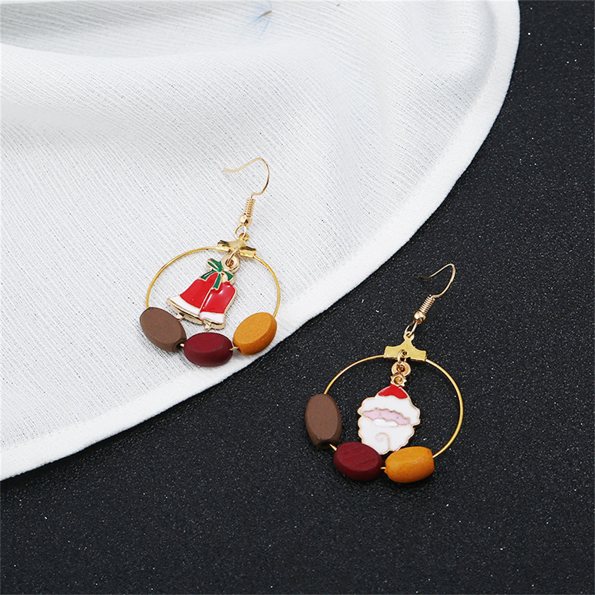 Red and Wood and Santa Bell Circle Drop Earrings, drop earrings for women, vintage-inspired design, side view