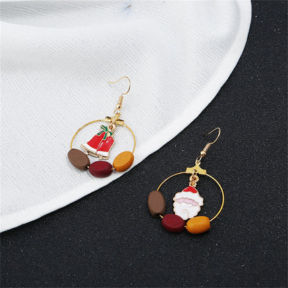 Red and Wood and Santa Bell Circle Drop Earrings, drop earrings for women, vintage-inspired design, side view