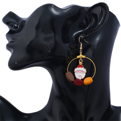 Red and Wood and Santa Bell Circle Drop Earrings, drop earrings for women, vintage-inspired design, detail close-up