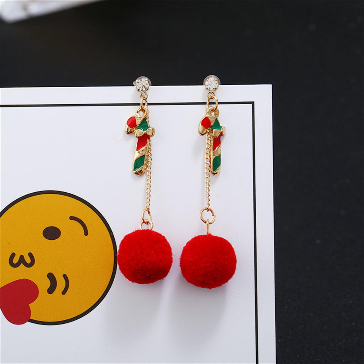 Cubic Zirconia and Red Candy Cane Pom-Pom Drop Earrings, drop earrings for women, vintage-inspired design, side view