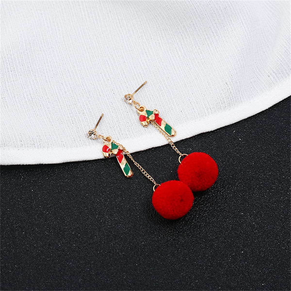 Cubic Zirconia and Red Candy Cane Pom-Pom Drop Earrings, drop earrings for women, vintage-inspired design, front view