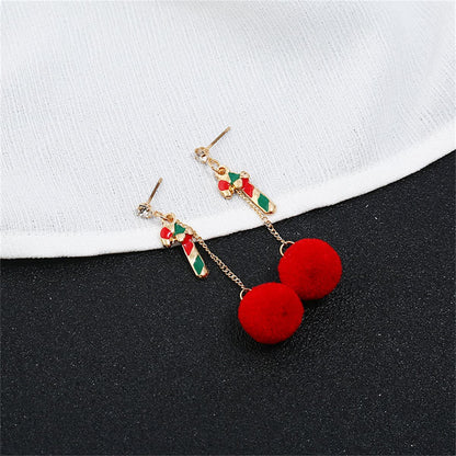 Cubic Zirconia and Red Candy Cane Pom-Pom Drop Earrings, drop earrings for women, vintage-inspired design, front view