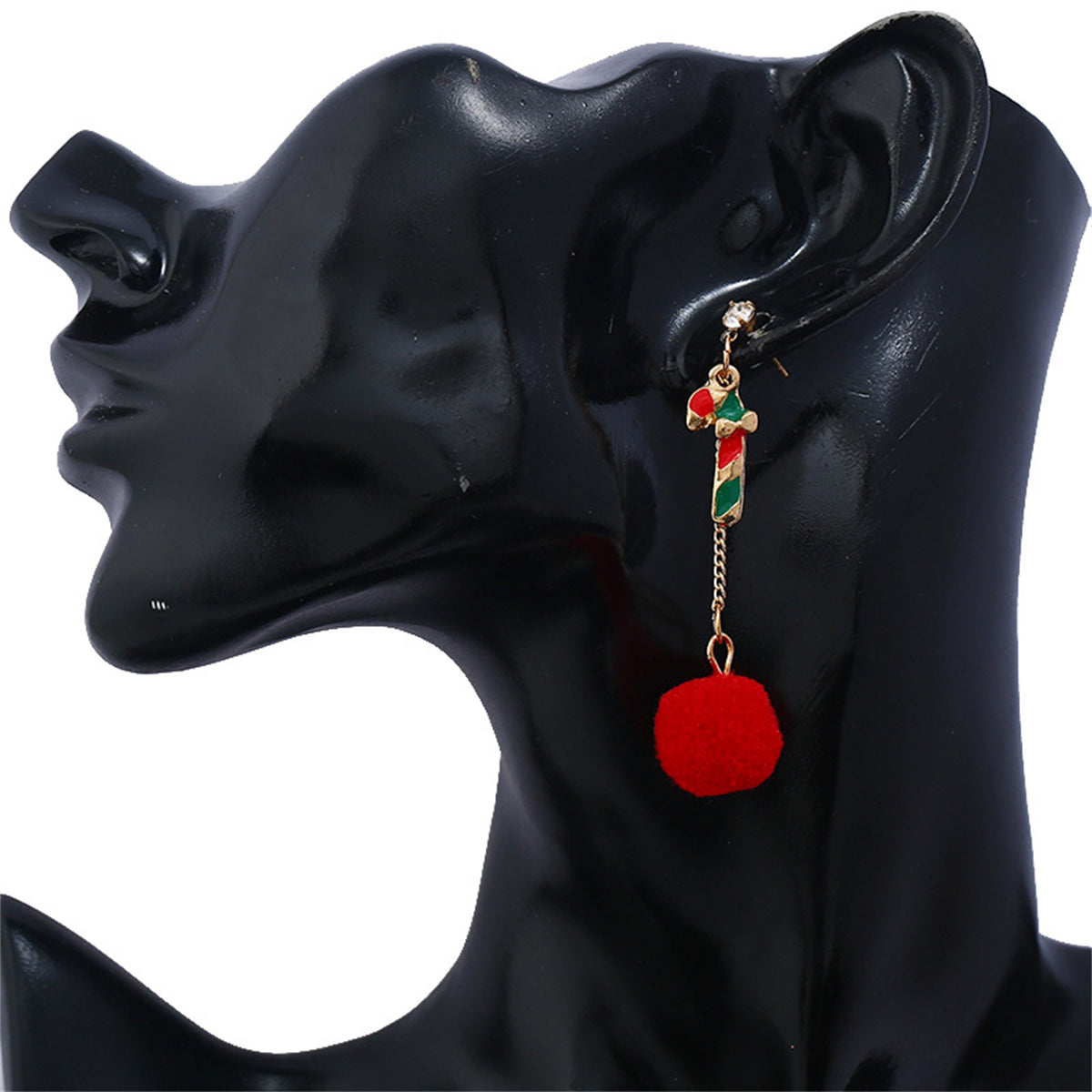 Cubic Zirconia and Red Candy Cane Pom-Pom Drop Earrings, drop earrings for women, vintage-inspired design, detail close-up