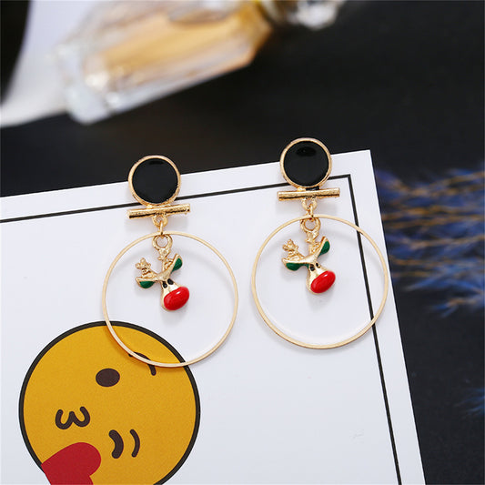 Red Enamel and 18K Gold-Plated Reindeer Circle Drop Earrings, gold drop earrings for women, front view