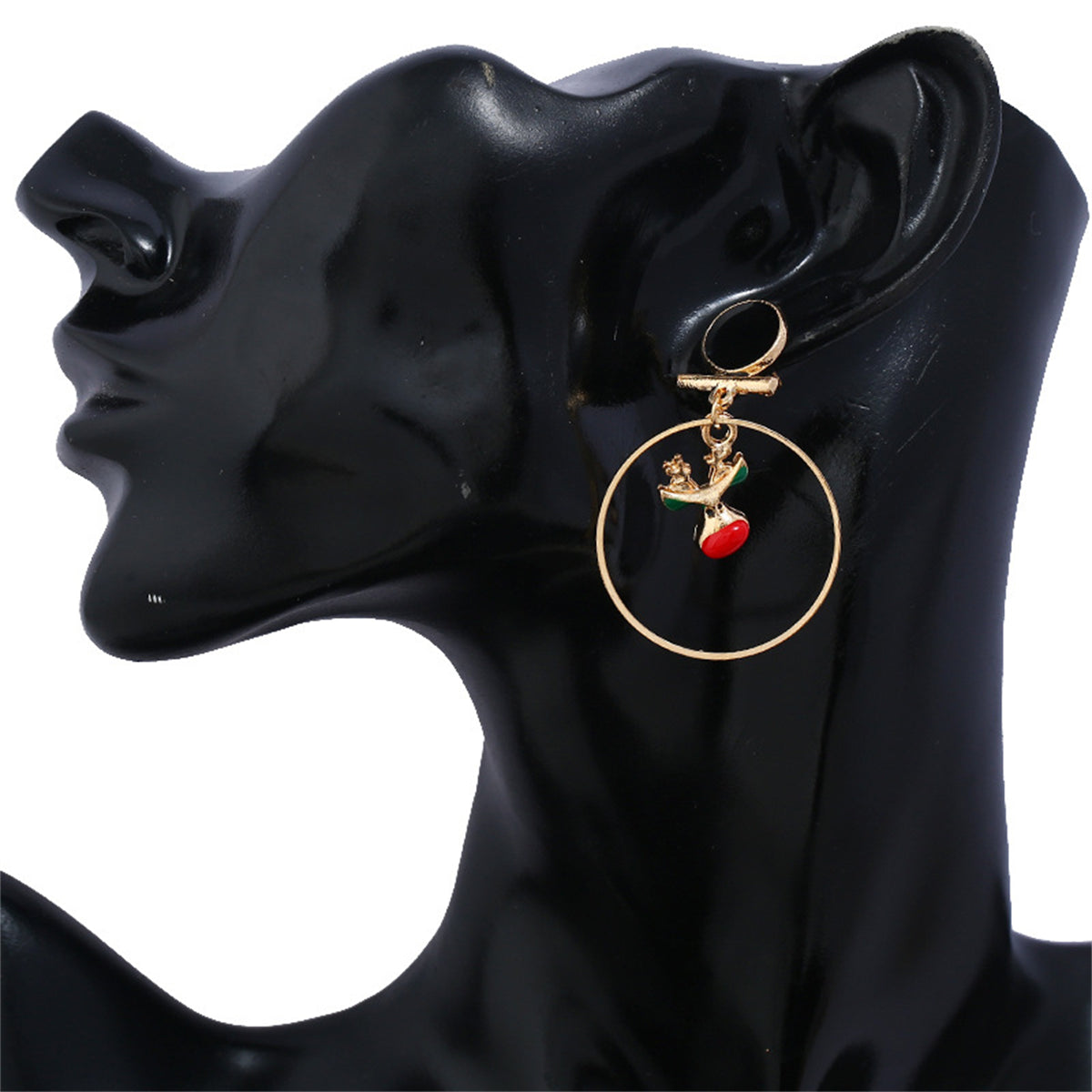 Red Enamel & 18K Gold-Plated Reindeer Circle Drop Earrings