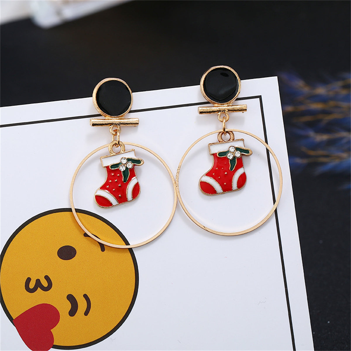 Red Enamel & 18K Gold-Plated Cubic Zirconia-Accent Stocking Circle Drop Earrings