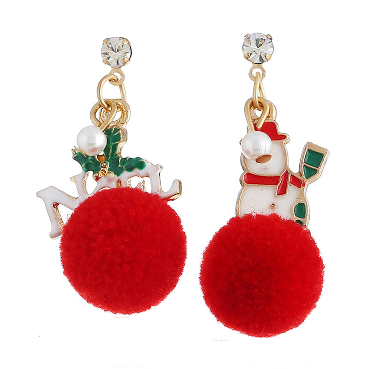 Cubic Zirconia and Pearl Snowman and 'Noel' Drop Earrings, drop earrings for women, dainty minimalist design, front view