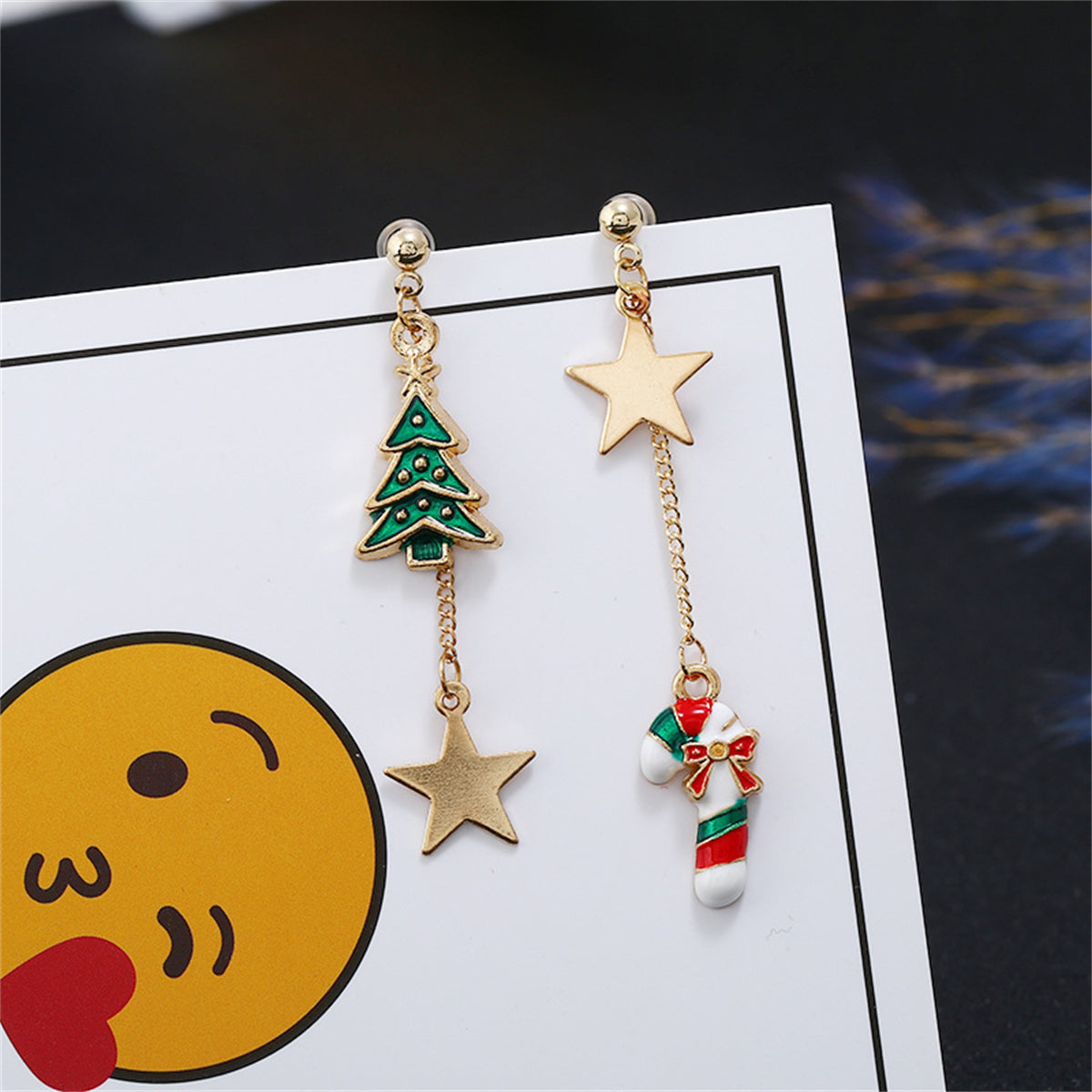 Green Enamel and 18K Gold-Plated Star Christmas Tree Candy Cane Mismatch Drop Earrings, gold drop earrings..., front view