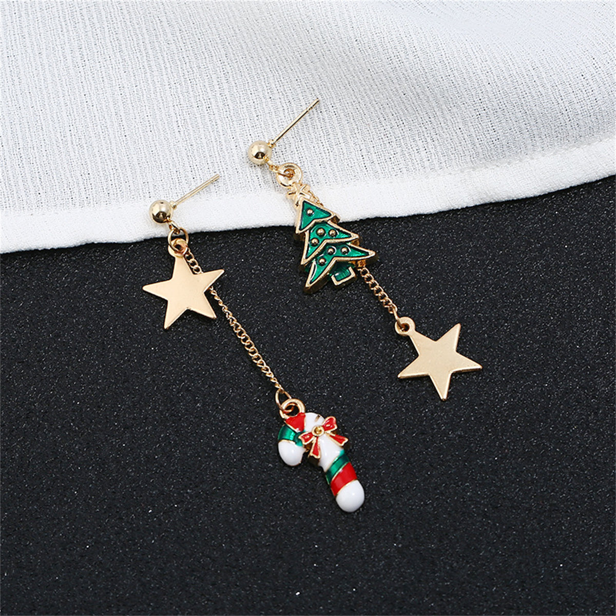 Green Enamel and 18K Gold-Plated Star Christmas Tree Candy Cane Mismatch Drop Earrings, gold drop earrings for..., side view