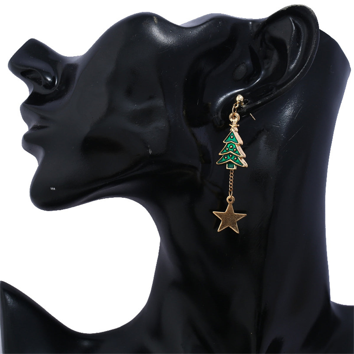 Green Enamel and 18K Gold-Plated Star Christmas Tree Candy Cane Mismatch Drop Earrings, gold drop..., detail close-up