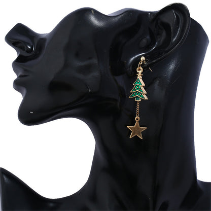 Green Enamel and 18K Gold-Plated Star Christmas Tree Candy Cane Mismatch Drop Earrings, gold drop..., detail close-up
