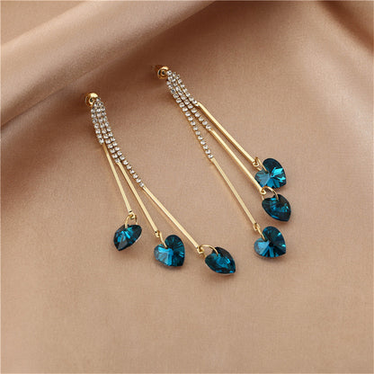 Blue Crystal and Cubic Zirconia Heart Tassel Drop Earrings, drop earrings for women, vintage-inspired design, front view