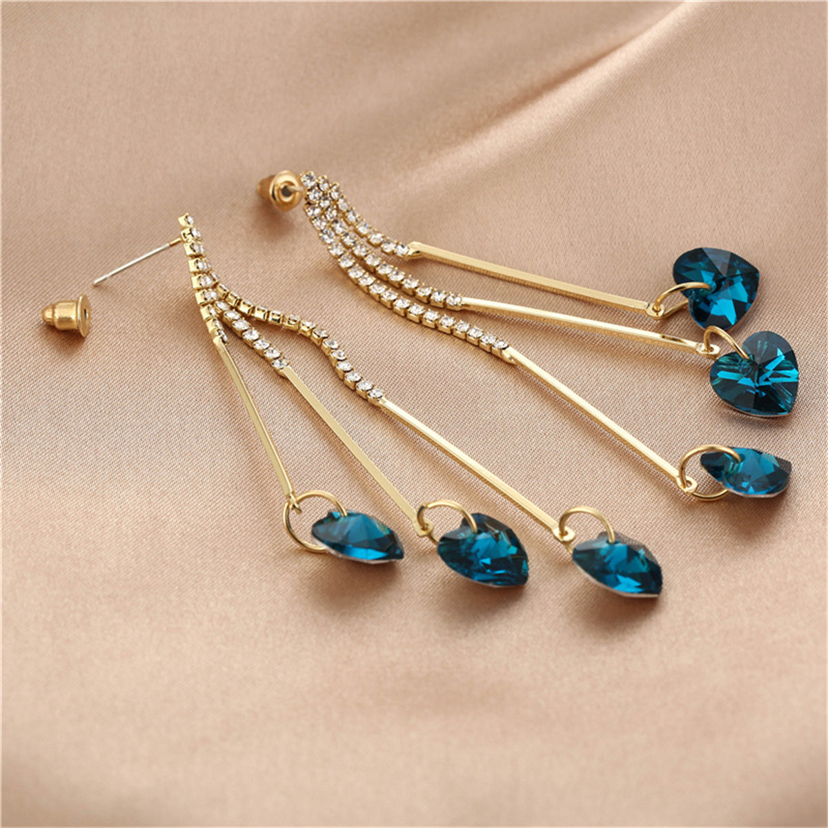 Blue Crystal and Cubic Zirconia Heart Tassel Drop Earrings, drop earrings for women, vintage-inspired design, detail close-up