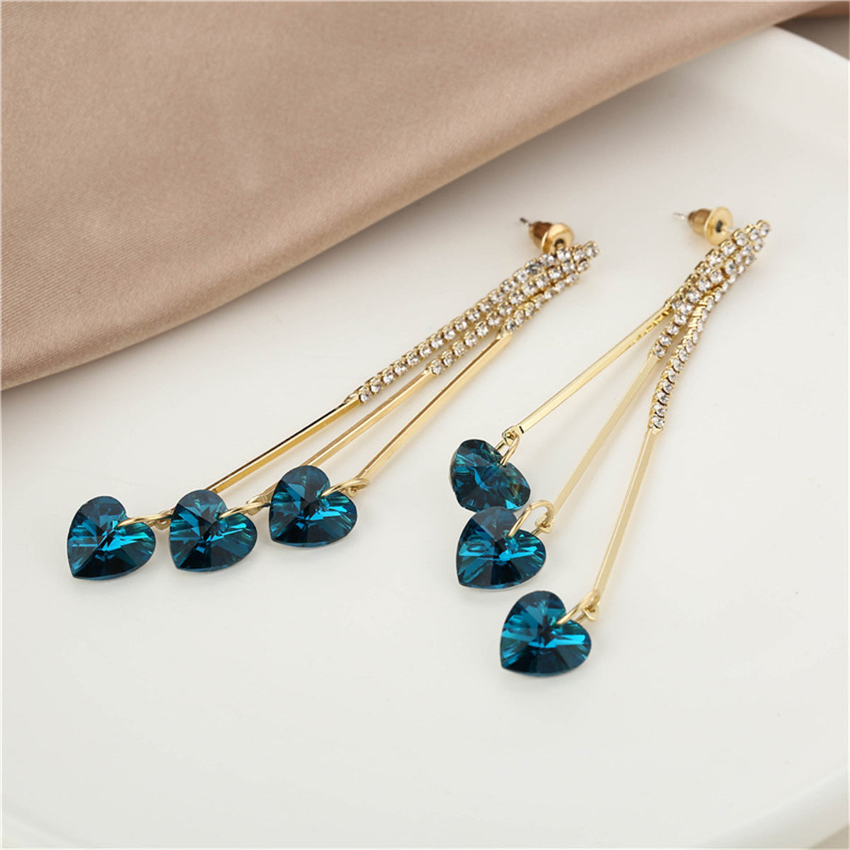 Blue Crystal and Cubic Zirconia Heart Tassel Drop Earrings, drop earrings for women, vintage-inspired design, side view