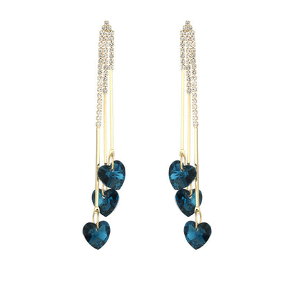 Blue Crystal and Cubic Zirconia Heart Tassel Drop Earrings, drop earrings for women, vintage-inspired design, lifestyle look