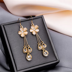 Blush Cateye & Cubic Zirconia 18K Gold-Plated Floral Teardrop Tassel Drop Earrings