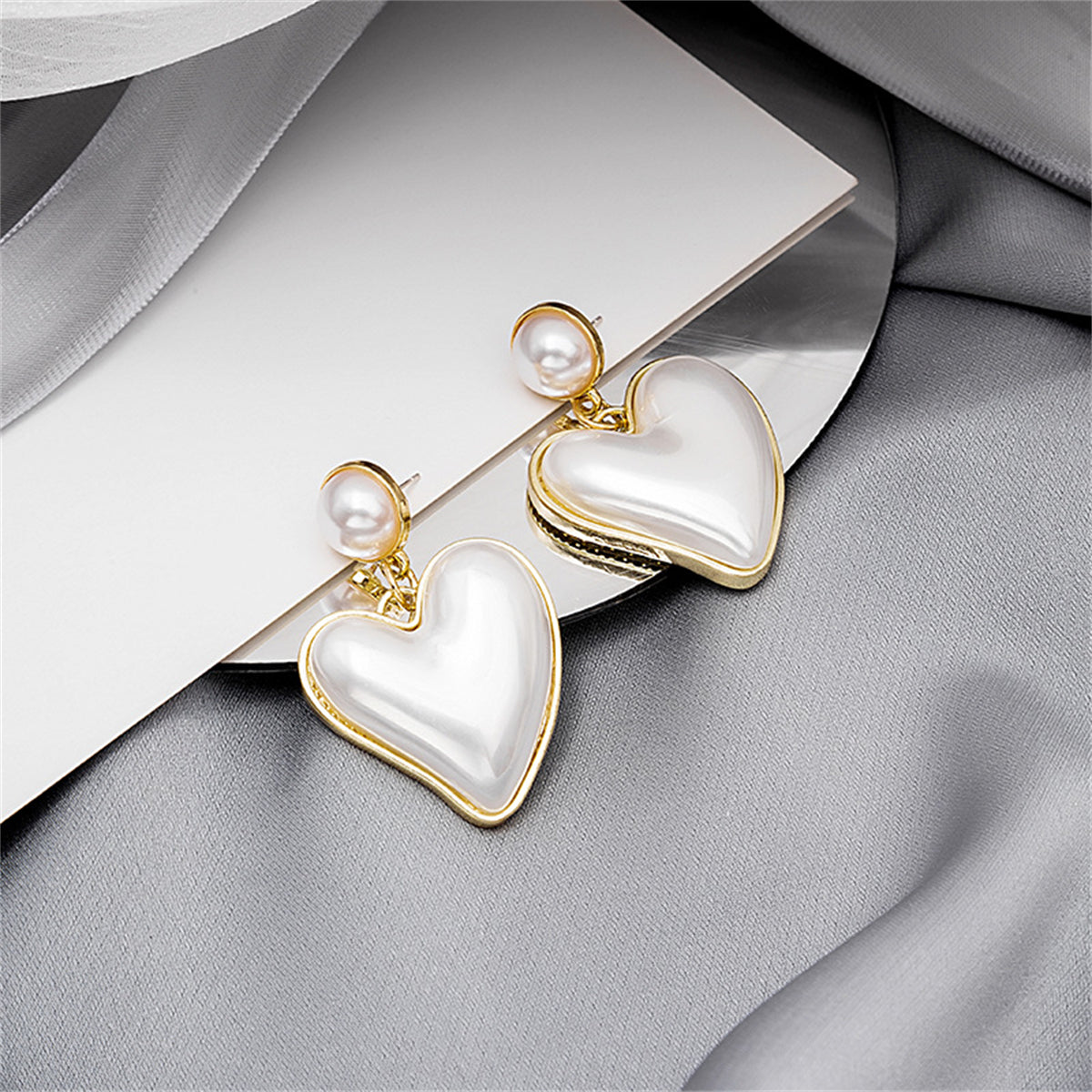 Pearl and 18K Gold-Plated Heart Drop Earrings, gold drop earrings for women, vintage-inspired design, front view