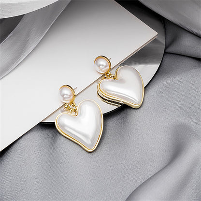 Pearl and 18K Gold-Plated Heart Drop Earrings, gold drop earrings for women, vintage-inspired design, front view