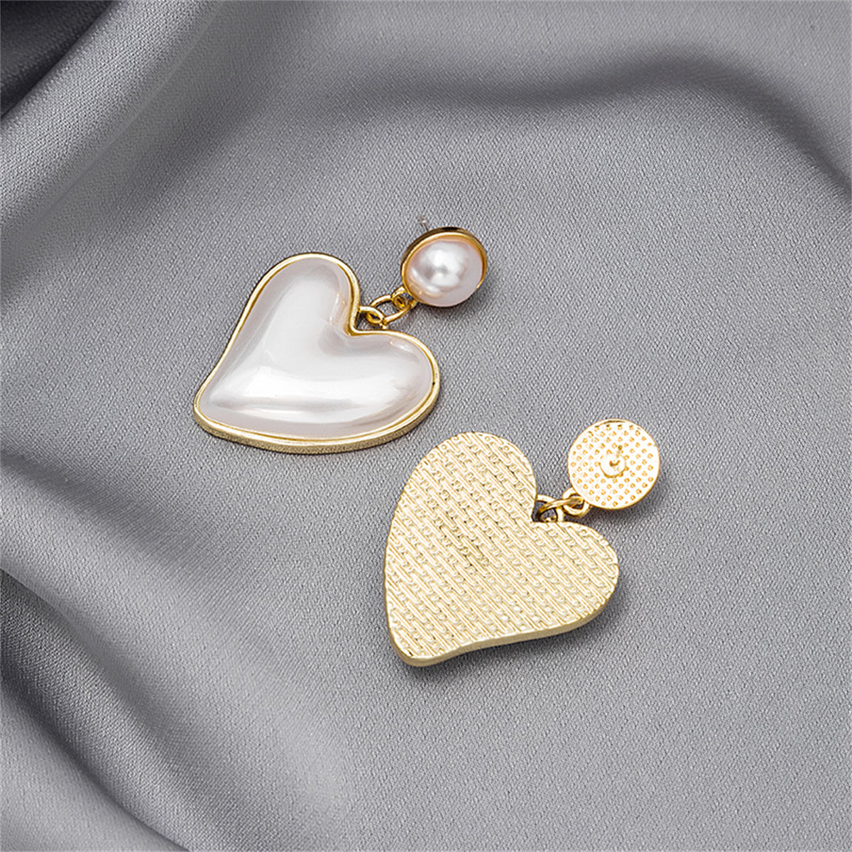 Pearl and 18K Gold-Plated Heart Drop Earrings, gold drop earrings for women, vintage-inspired design, side view