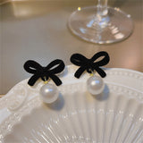 Black Nylon & Pearl Bow Drop Earrings