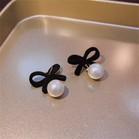 Black Nylon & Pearl Bow Drop Earrings