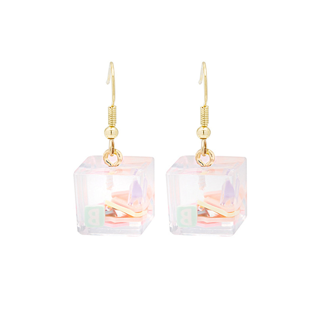 Clear Resin and 18K Gold-Plated Letter Cube Drop Earrings, gold drop earrings for women, dainty minimalist design, side view