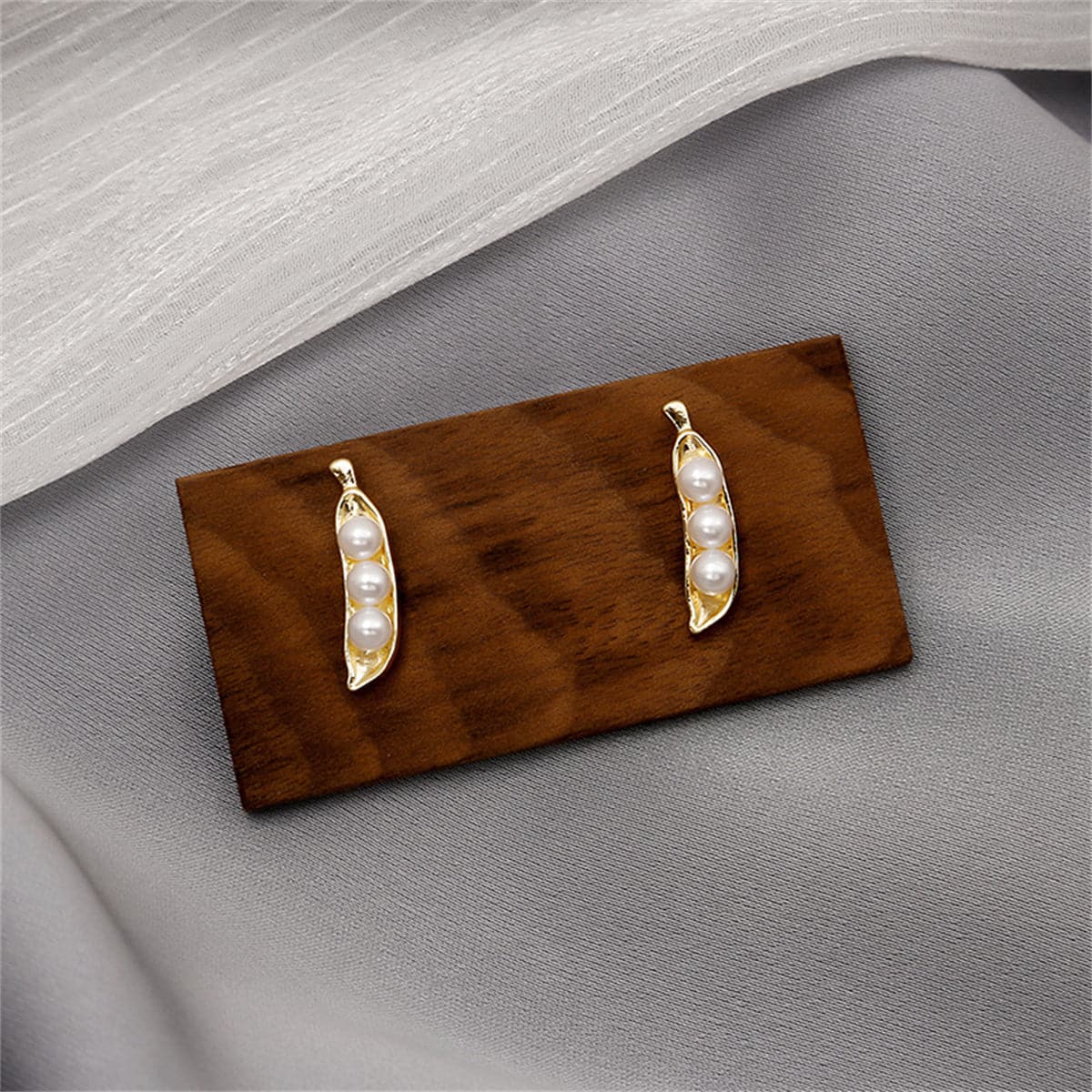 Pearl and 18K Gold-Plated Pea Pod Stud Earrings, gold stud earrings for women, everyday style, front view