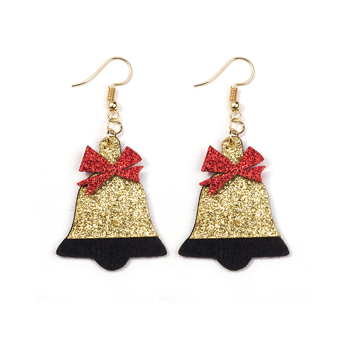 Red Felt and 18K Gold-Plated Glitter Bell Drop Earrings, gold drop earrings for women, dainty minimalist design, front view