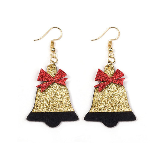 Red Felt and 18K Gold-Plated Glitter Bell Drop Earrings, gold drop earrings for women, dainty minimalist design, front view