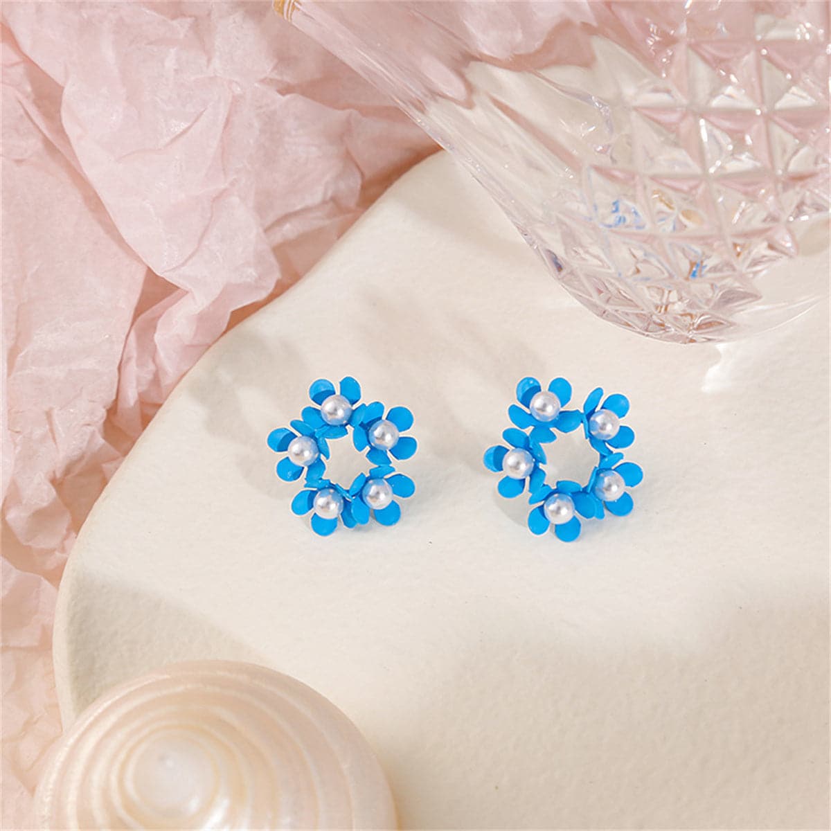 Pearl & Blue Enamel Floral Garland Stud Earrings