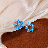 Pearl & Blue Enamel Floral Garland Stud Earrings