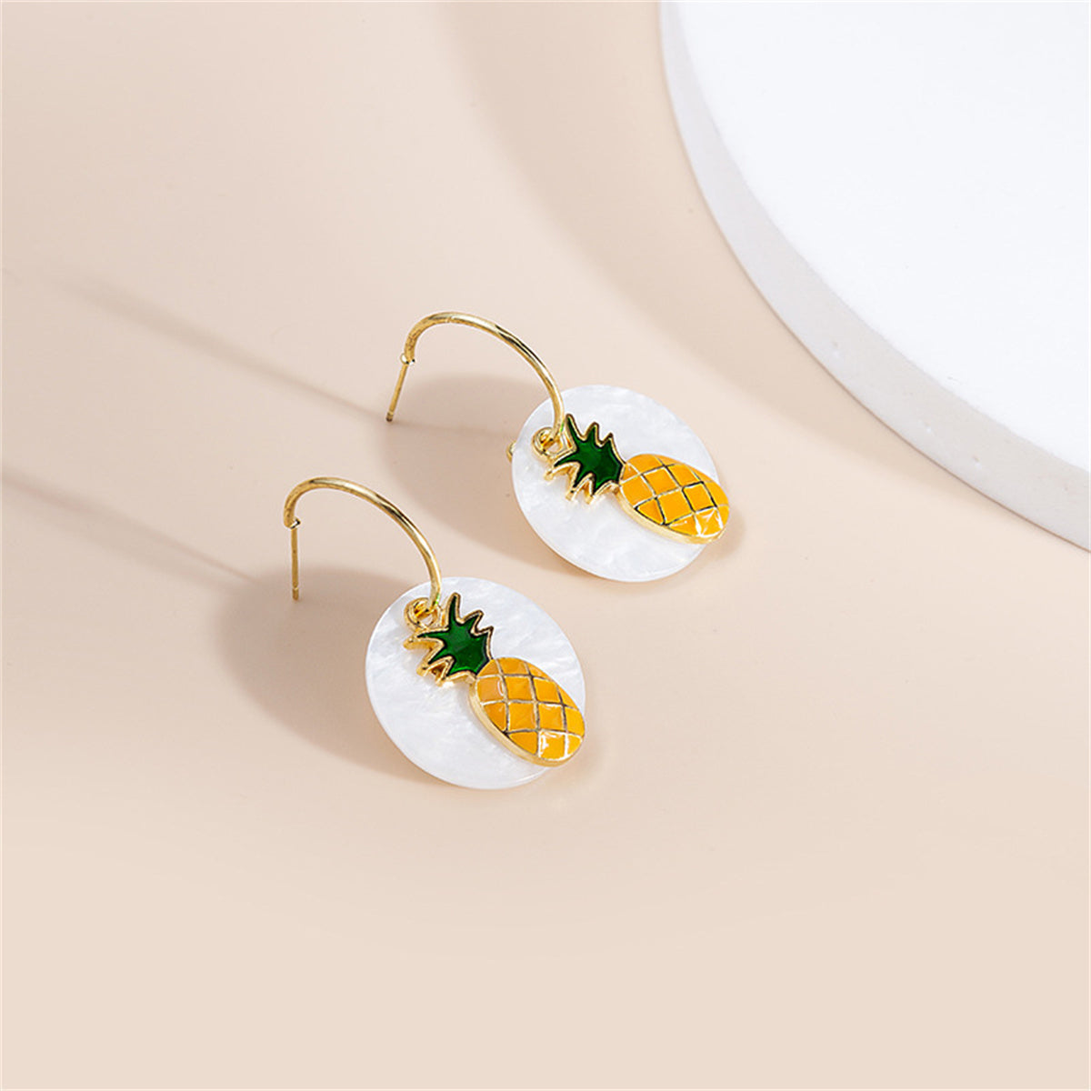 White and Orange Round Pineapple Drop Earrings, drop earrings for women, dainty minimalist design, detail close-up