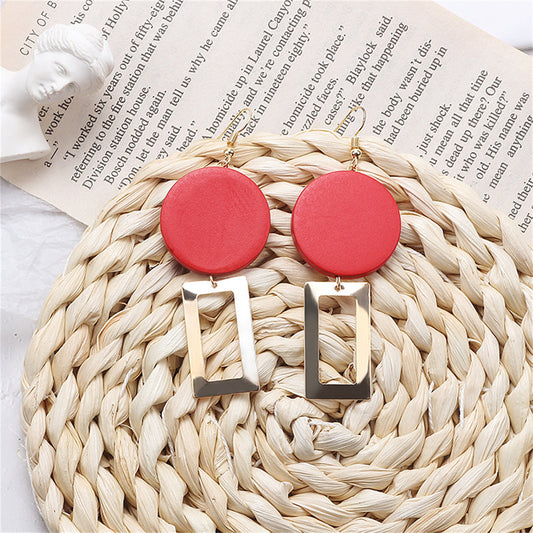 Red Wood and 18K Gold-Plated Open Rectangle Drop Earrings, gold drop earrings for women, elegant gift for her, front view