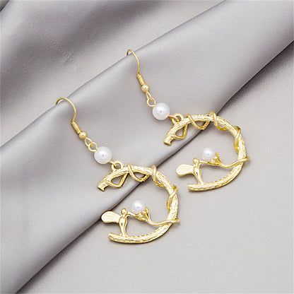 Pearl and 18K Gold-Plated Bird Circle Drop Earring, gold drop earrings for women, vintage-inspired design, front view