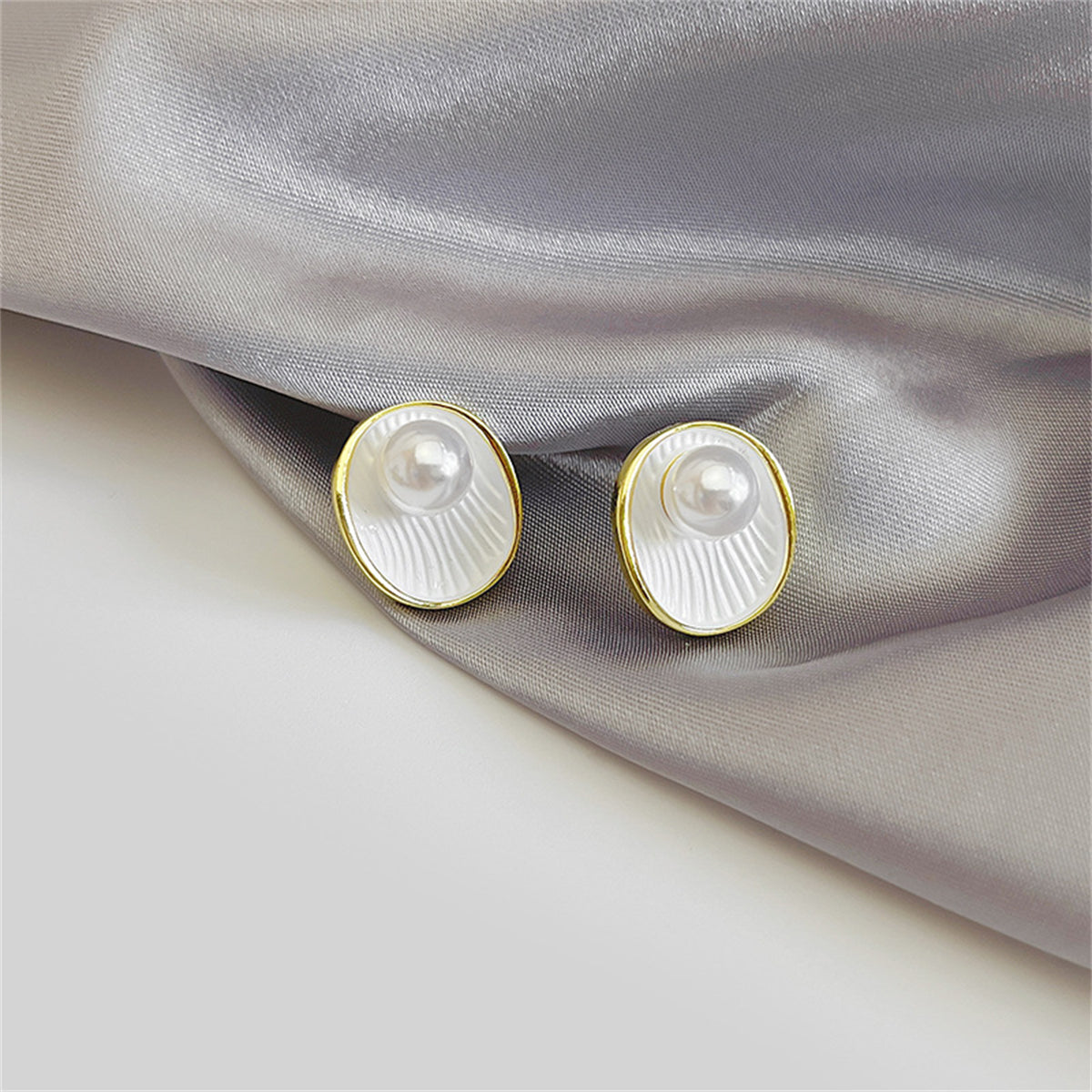 Pearl and White Enamel 18K Gold-Plated Shell Stud Earrings, gold stud earrings for women, everyday style, front view