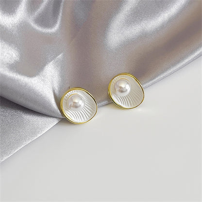 Pearl and White Enamel 18K Gold-Plated Shell Stud Earrings, gold stud earrings for women, everyday style, detail close-up