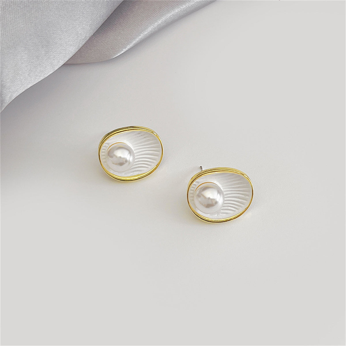 Pearl and White Enamel 18K Gold-Plated Shell Stud Earrings, gold stud earrings for women, everyday style, lifestyle look