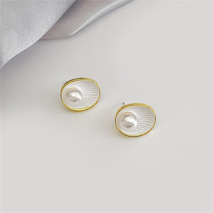 Pearl and White Enamel 18K Gold-Plated Shell Stud Earrings, gold stud earrings for women, everyday style, lifestyle look