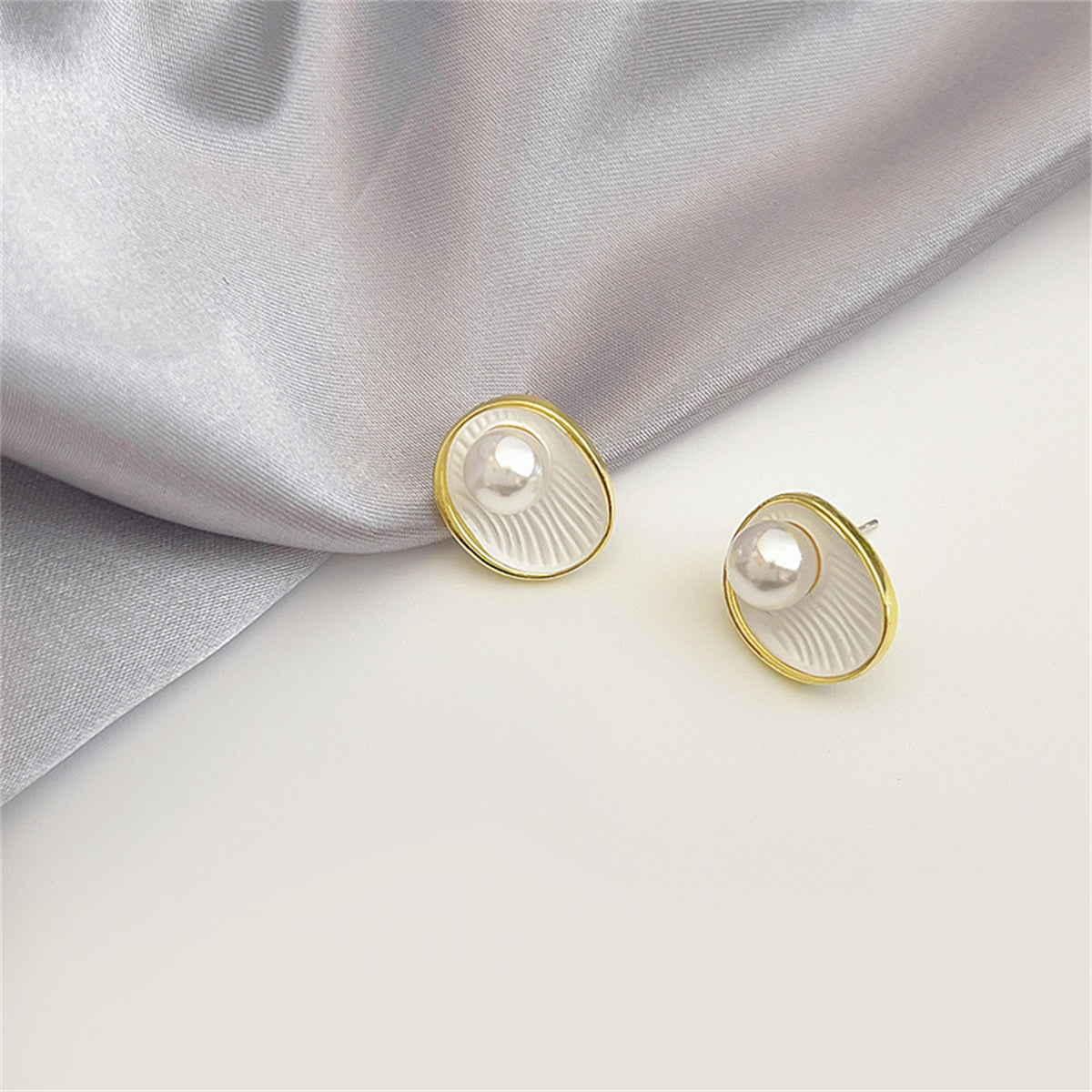 Pearl and White Enamel 18K Gold-Plated Shell Stud Earrings, gold stud earrings for women, everyday style, styled look