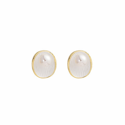 Pearl and White Enamel 18K Gold-Plated Shell Stud Earrings, gold stud earrings for women, everyday style, side view