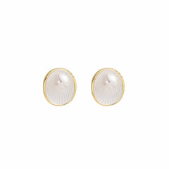 Pearl & White Enamel 18K Gold-Plated Shell Stud Earrings