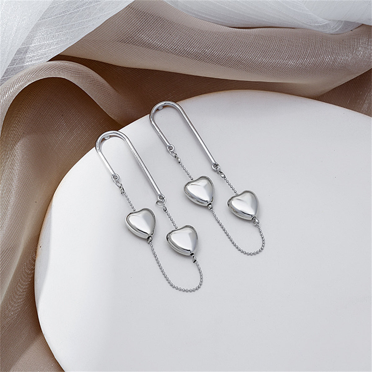 Silver-Plated Heart Chain Drop Earrings, silver drop earrings for women, vintage-inspired design, front view