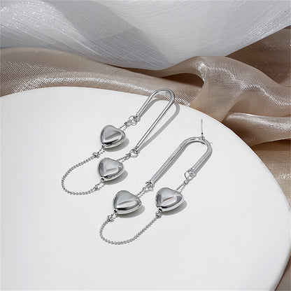 Silver-Plated Heart Chain Drop Earrings, silver drop earrings for women, vintage-inspired design, side view