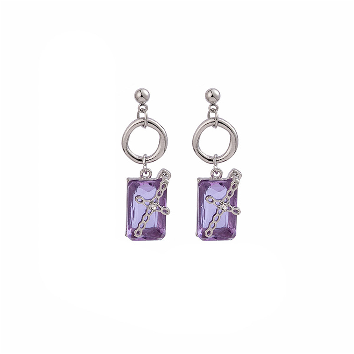 Purple Crystal & Silver-Plated Cross Drop Earrings