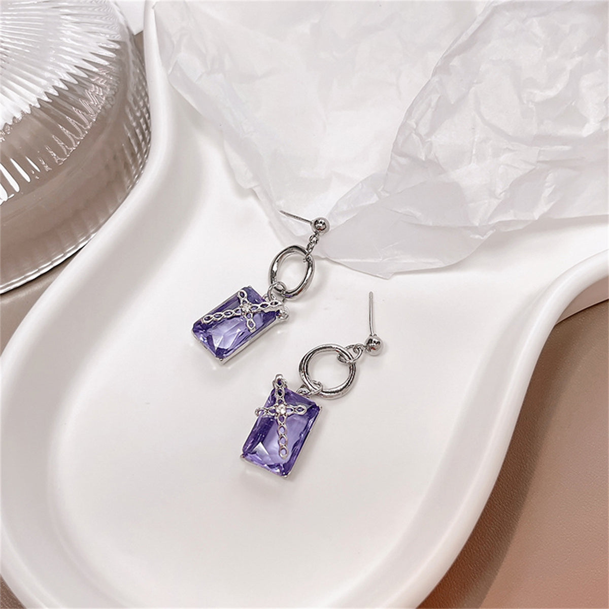 Purple Crystal and Silver-Plated Cross Drop Earrings, silver drop earrings for women, detail close-up